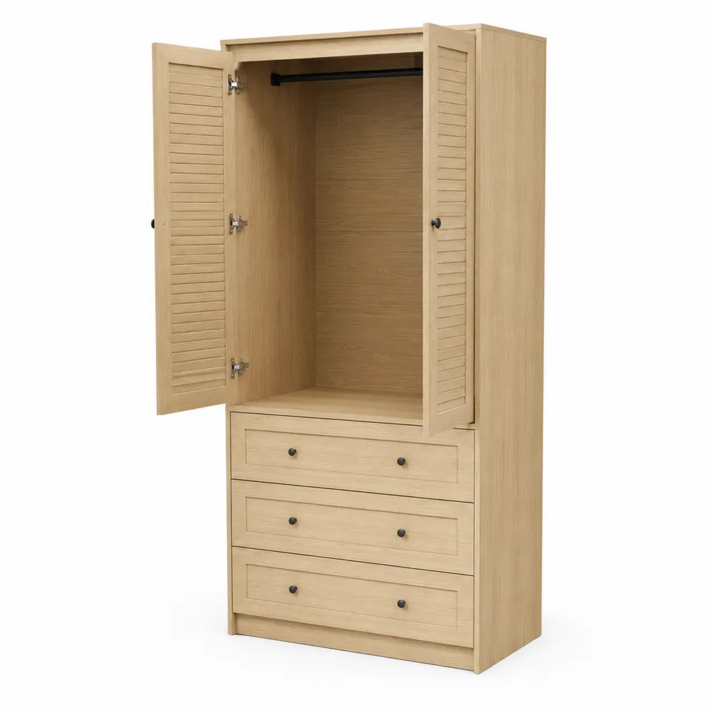 Armoire en bois avec portes battantes et 3 tiroirs en chêne massif