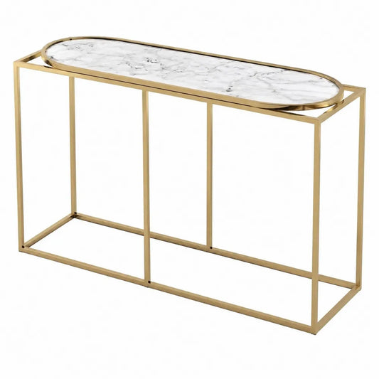 Console avec plateau en marbre blanc et cadre métallique doré